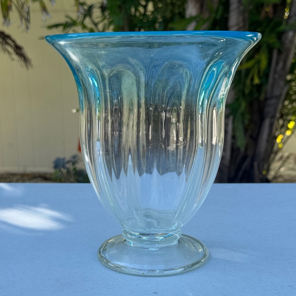 Vintage Elegant Blue Hand-Blown Glass Pedestal Vase